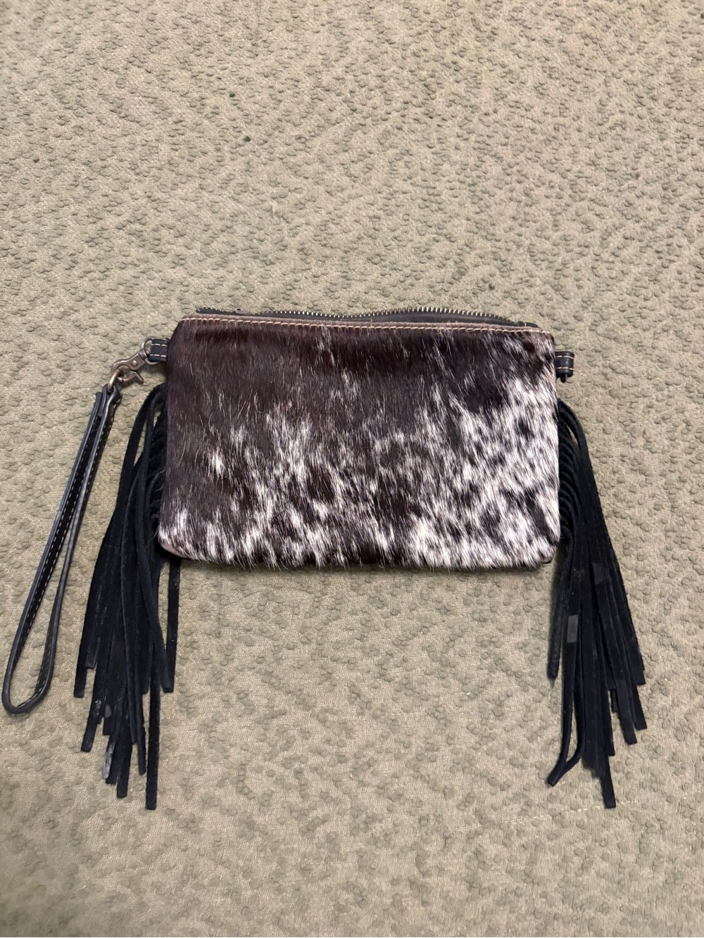 Montana West Brown & White Speckled Haircalf Fringe Wristlet